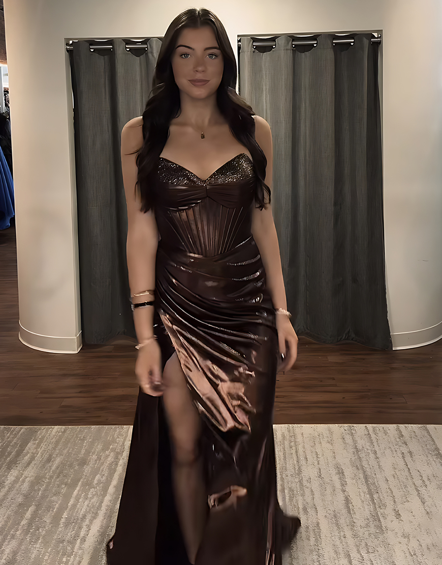 Sparkly Brown Mermaid Metallic Sweetheart Long Corset Prom Dress with Beading