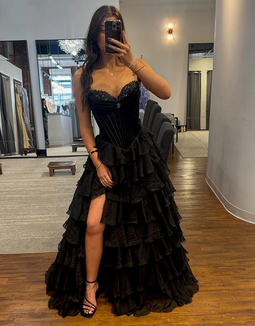 Glitter Red Ball Gown Strapless Corset Ruffles Chiffon Long Prom Dress with Rhinestones