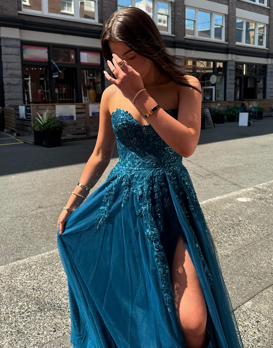 Sparkly A-Line Turquoise Sweetheart Tulle Appliqued Long Corset Prom Dress with Beading