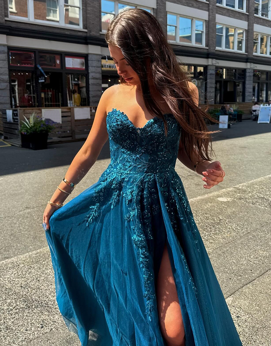 Sparkly A-Line Turquoise Sweetheart Tulle Appliqued Long Corset Prom Dress with Beading