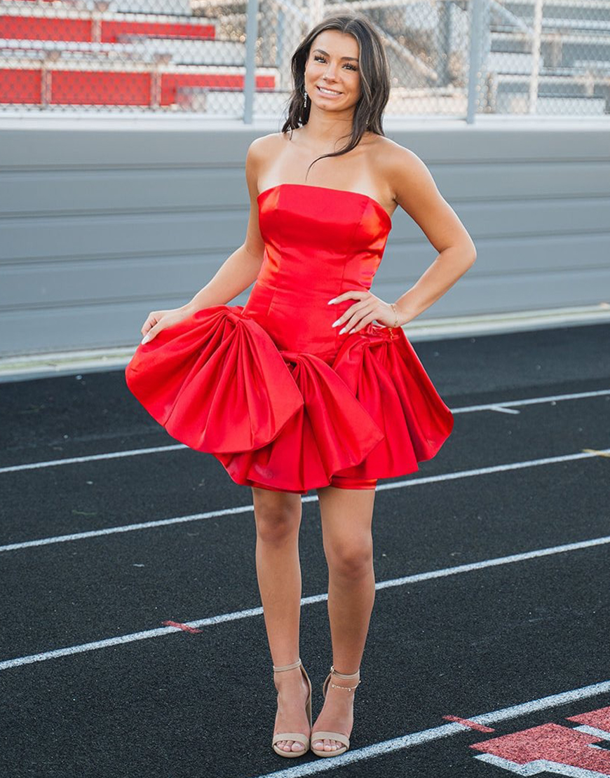 Red A-Line Strapless Satin Short Homecoming Dress with Bows