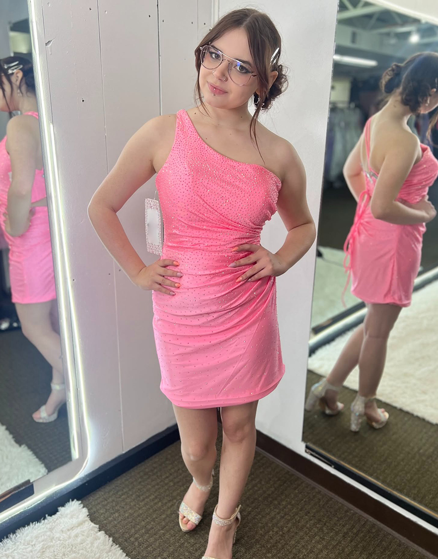 Sparkly Pink One Shoulder Tight Short Satin Homecoming Dress with Beading