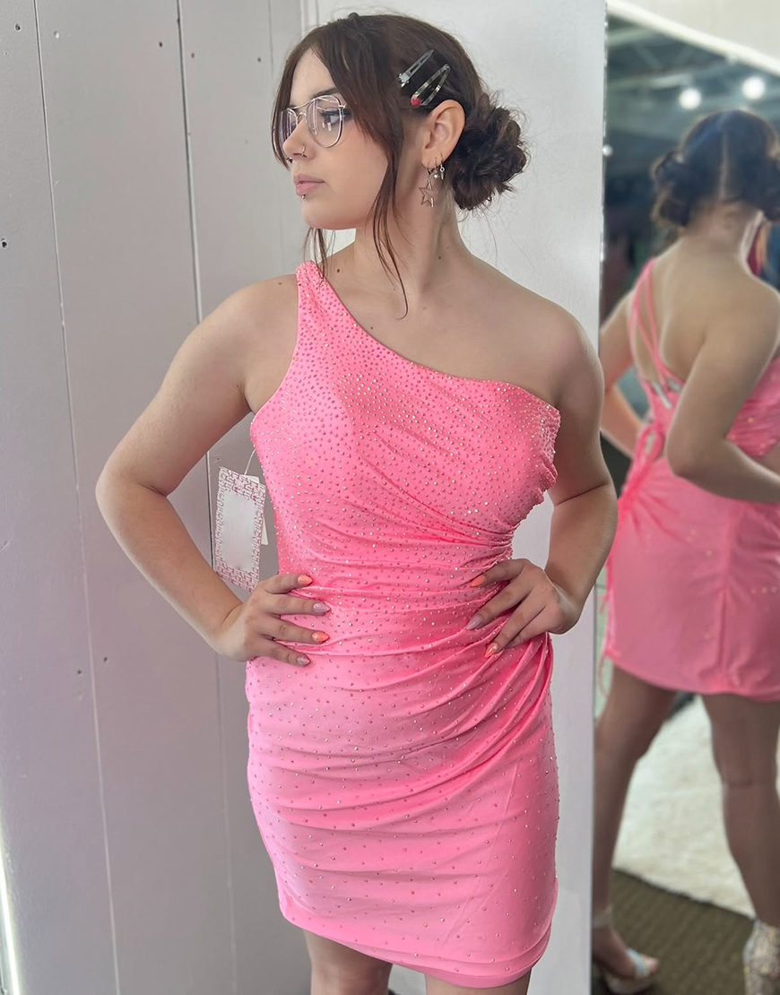 Sparkly Pink One Shoulder Tight Short Satin Homecoming Dress with Beading