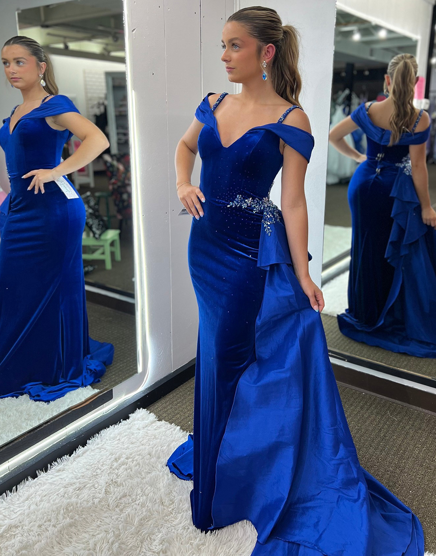 Royal Blue Mermaid Cold Shoulder Velvet Long Prom Dress with Side Cape