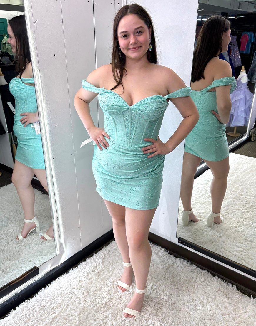 Sparkly Mint Off the Shoulder Satin Tight Corset Short Homecoming Dress with Beading