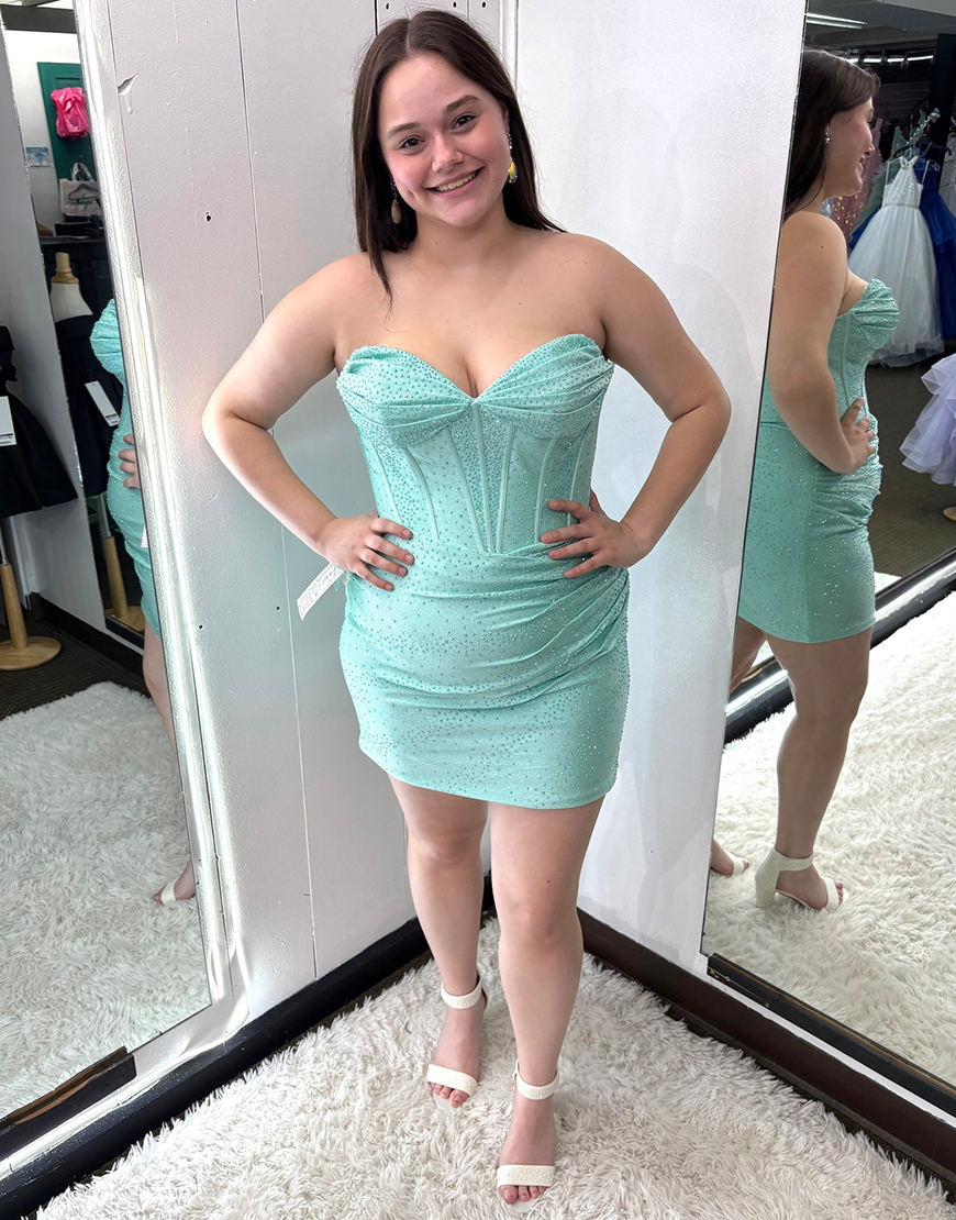 Sparkly Mint Off the Shoulder Satin Tight Corset Short Homecoming Dress with Beading