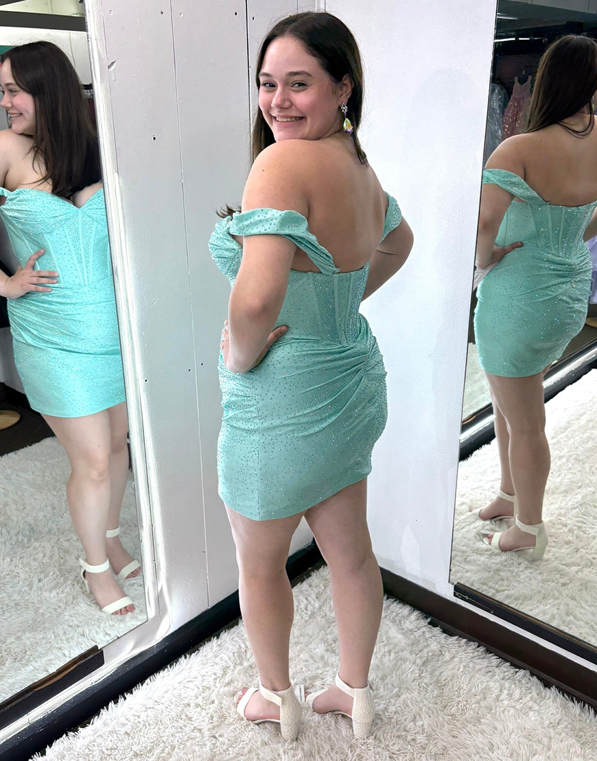 Sparkly Mint Off the Shoulder Satin Tight Corset Short Homecoming Dress with Beading