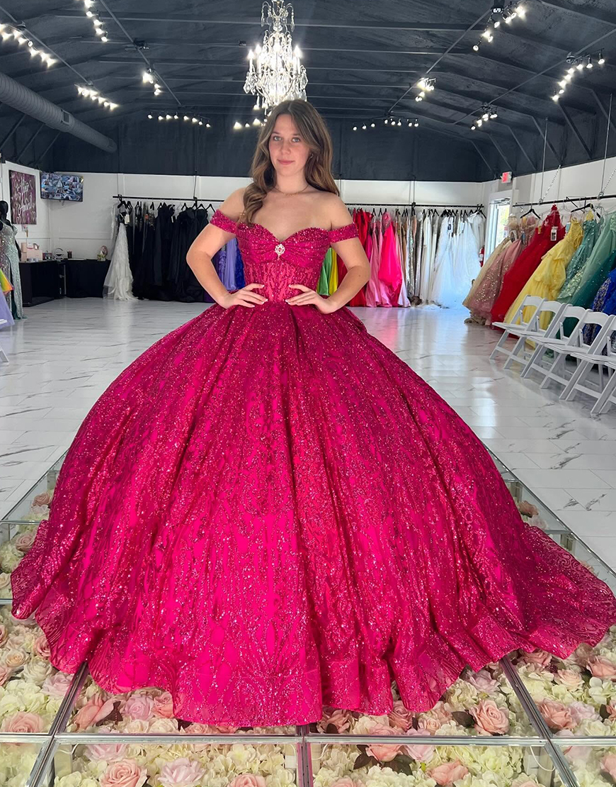 Berlinnova Women Sparkly Red Off The Shoulder Long Quinceanera Dress with Bow Princess Ball Gown Sweet 16 Dress with Appliques