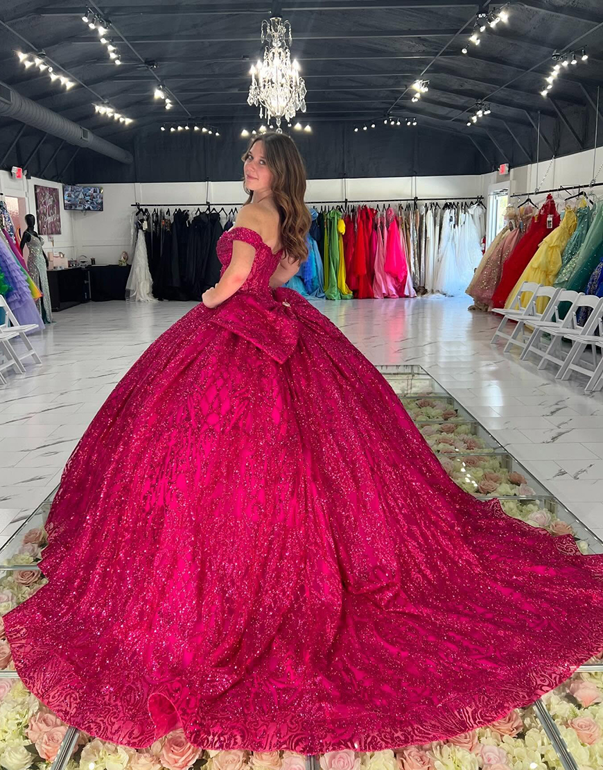 Glitter Red Off The Shoulder Ball Gown Appliqued Long Quinceanera Dress with Bow