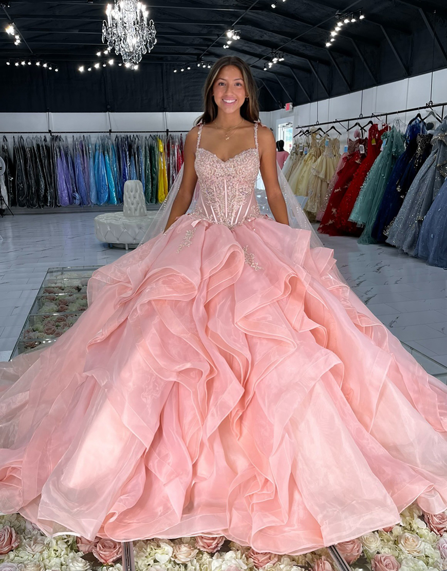 Pink Spaghetti Appliqued Corset Straps Ball Gown Long Quinceanera Dress