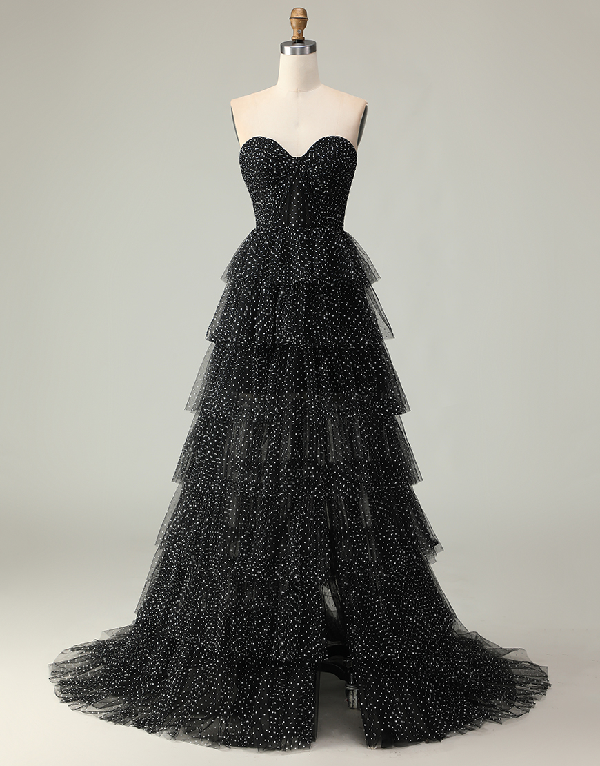 Berlinnova Women Black and White Polka Dots Corset Ruffled Long Prom Dress with Slit Sweetheart A Line Tiered Pageant Dress