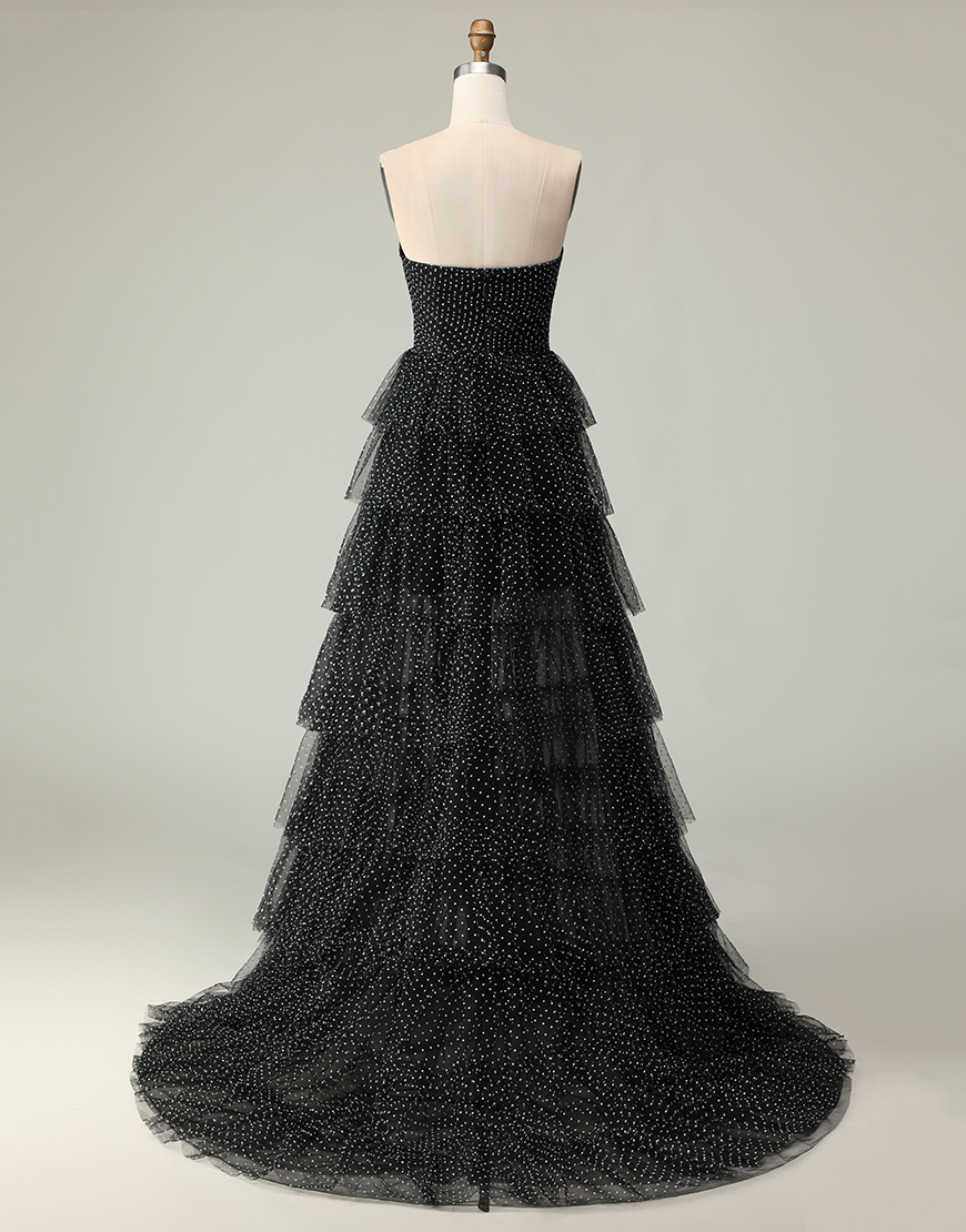 Black and White Polka Dots Corset Ruffled Long Prom Dress with Slit