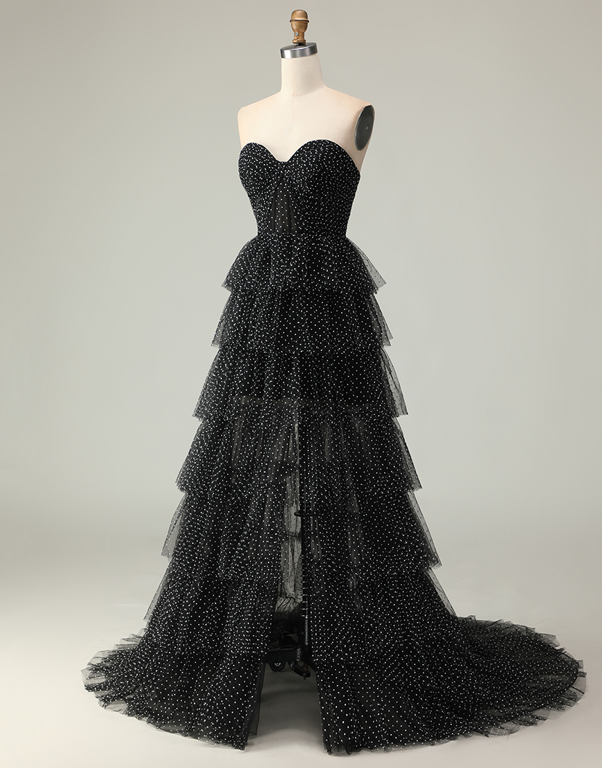 Black and White Polka Dots Corset Ruffled Long Prom Dress with Slit