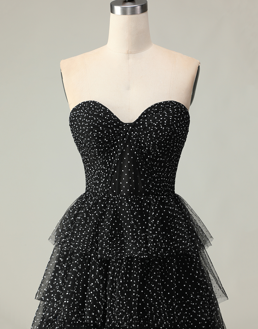 Black and White Polka Dots Corset Ruffled Long Prom Dress with Slit