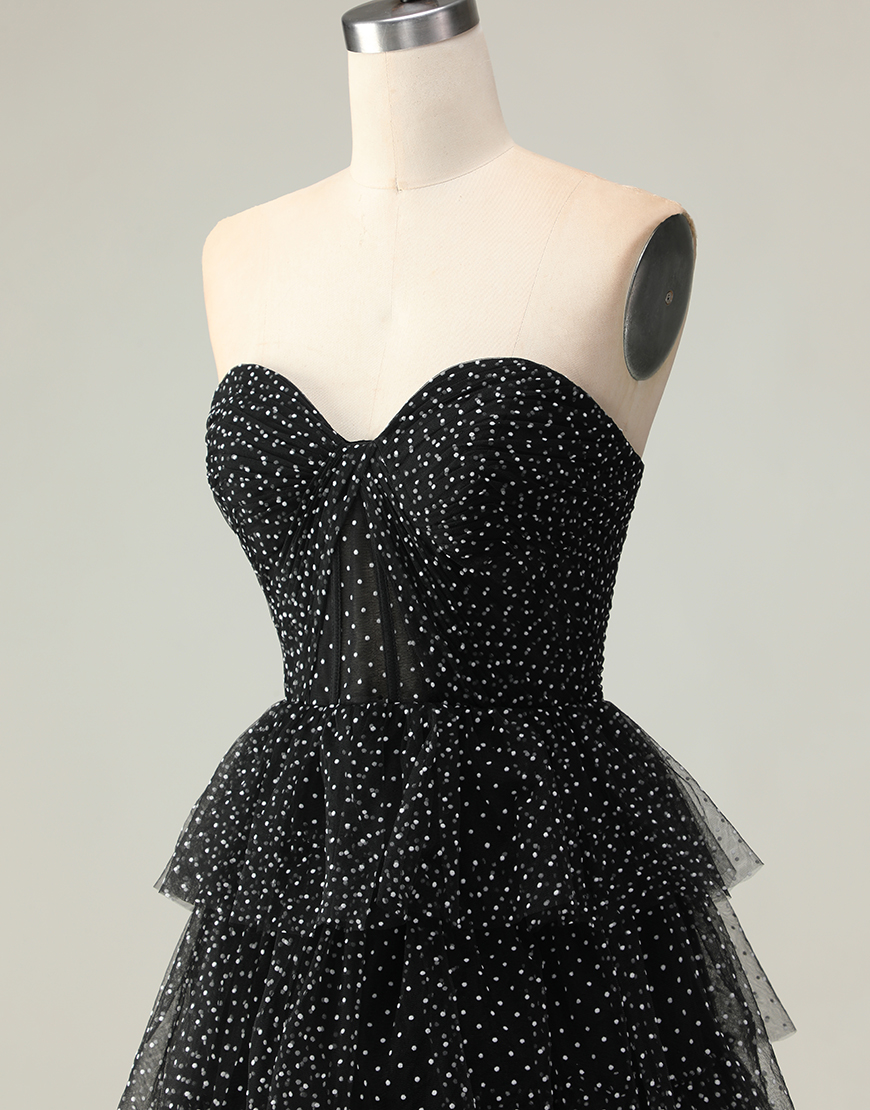 Black and White Polka Dots Corset Ruffled Long Prom Dress with Slit