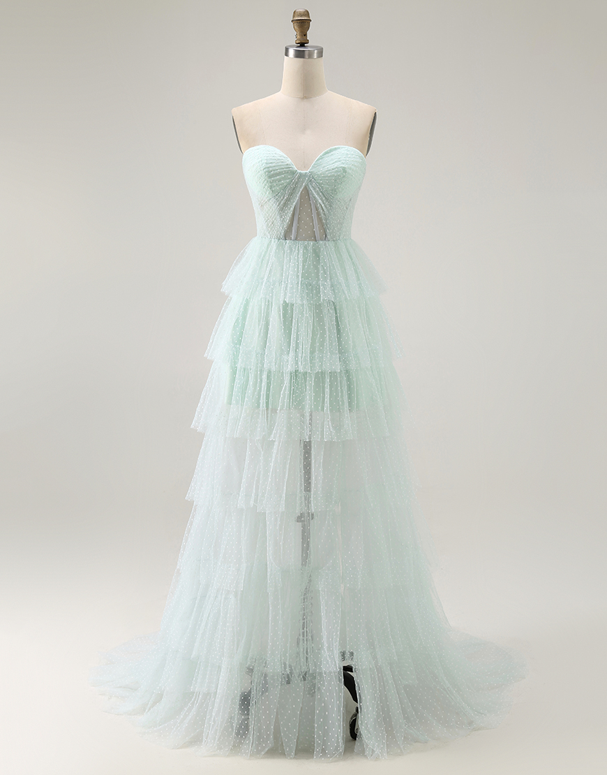 Light Green Sweetheart Long Tiered Prom Dress with Slit
