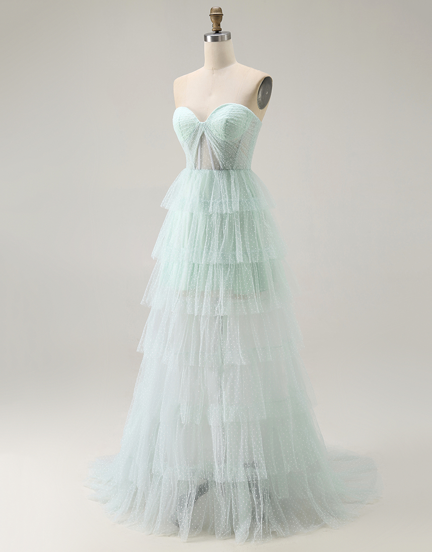Light Green Sweetheart Long Tiered Prom Dress with Slit