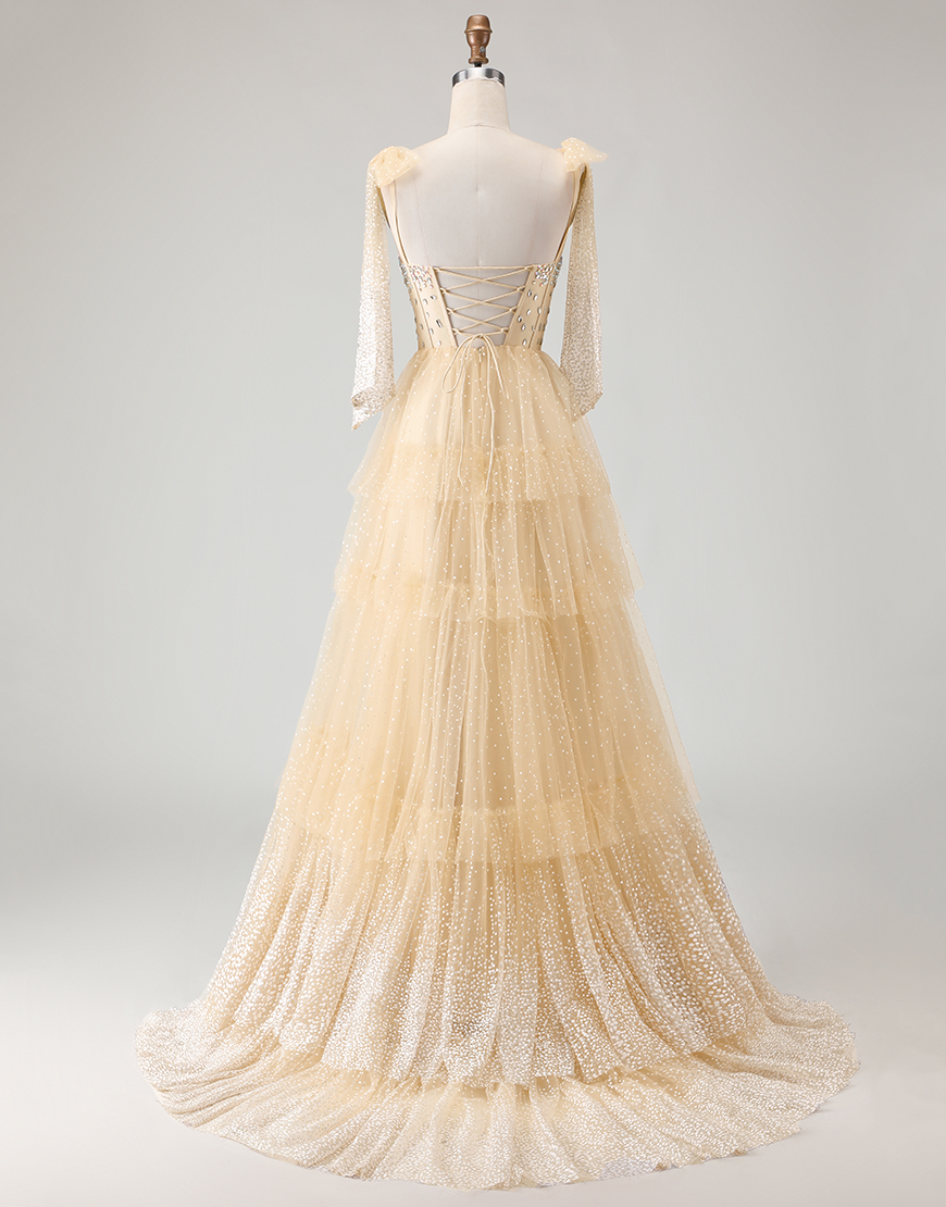 Sparkly Apricot Polka Dots Corset Tiered Beaded Long Prom Dress with Bows