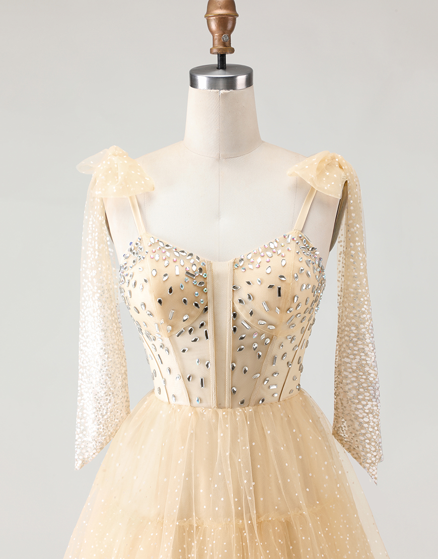 Sparkly Pink Corset Tiered Tulle Polka Dots Long Prom Dress with Beading