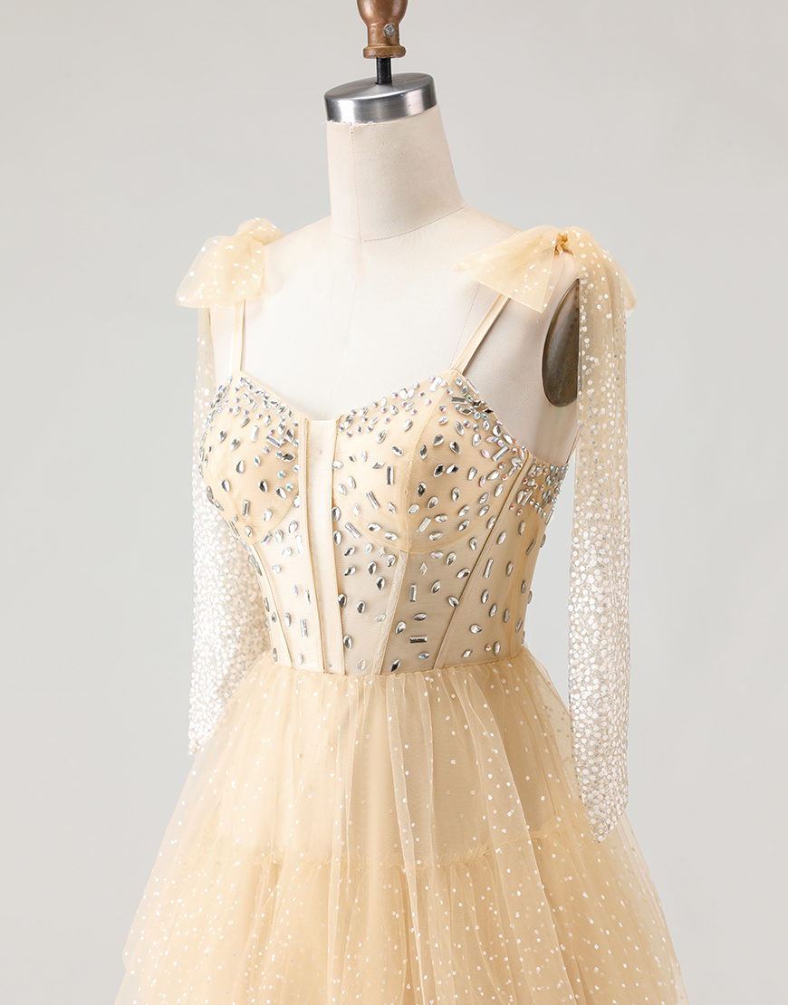 Sparkly Pink Corset Tiered Tulle Polka Dots Long Prom Dress with Beading