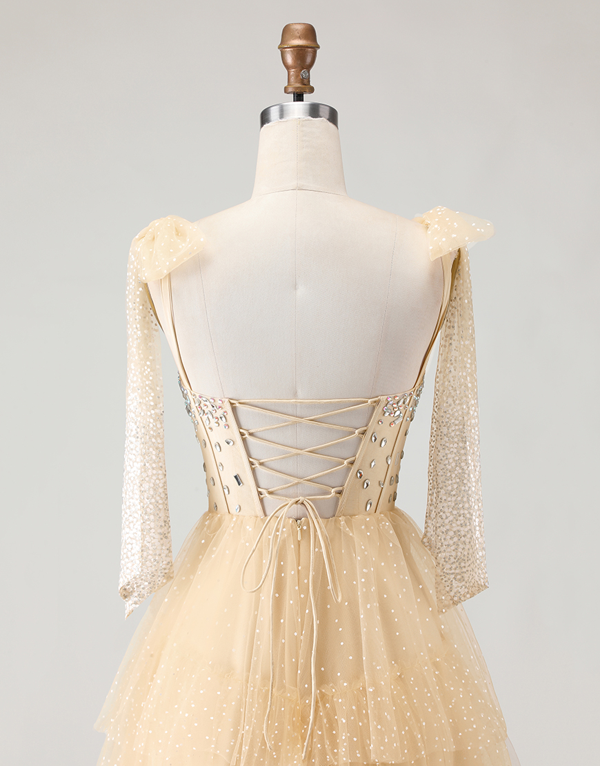 Sparkly Pink Corset Tiered Tulle Polka Dots Long Prom Dress with Beading