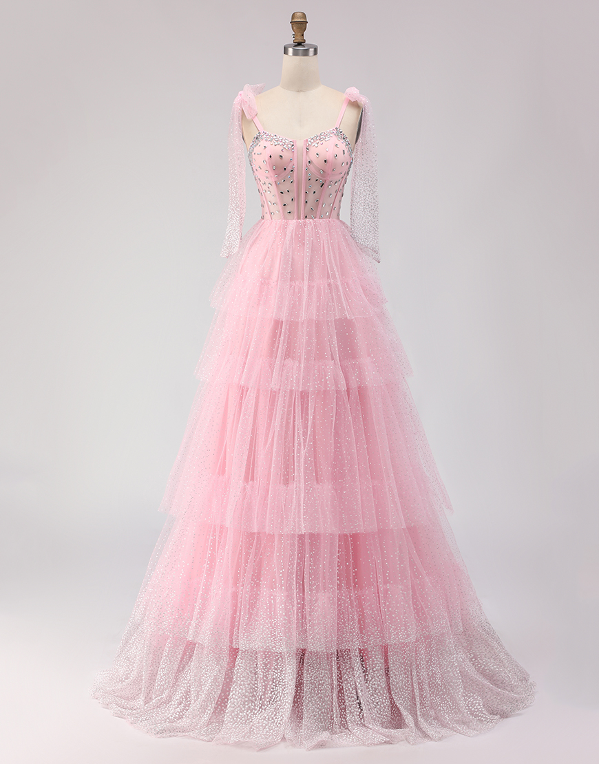 Sparkly Pink Corset Tiered Tulle Polka Dots Long Prom Dress with Beading