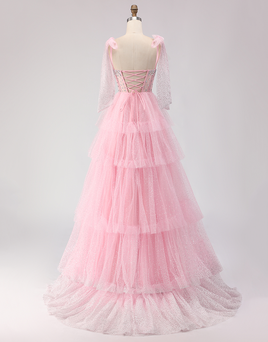 Sparkly Pink Corset Tiered Tulle Polka Dots Long Prom Dress with Beading