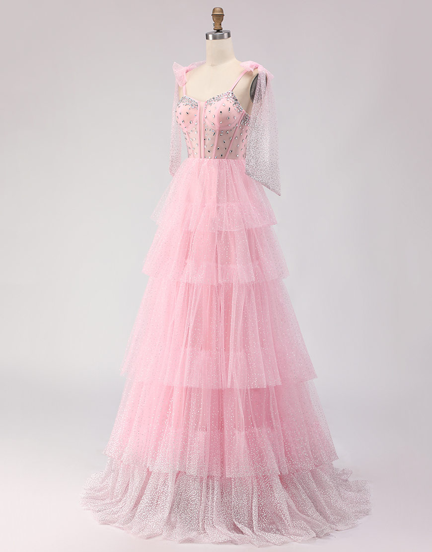 Sparkly Pink Corset Tiered Tulle Polka Dots Long Prom Dress with Beading