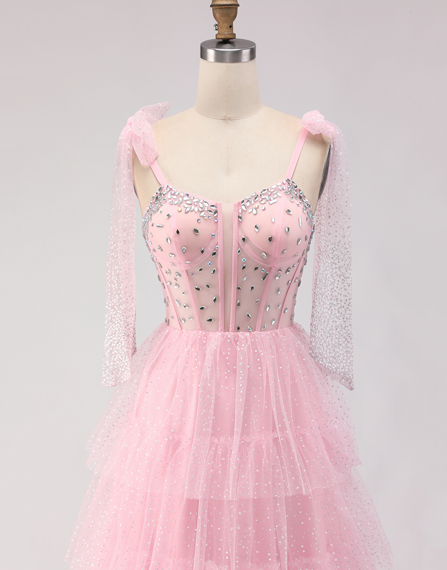 Sparkly Pink Corset Tiered Tulle Polka Dots Long Prom Dress with Beading