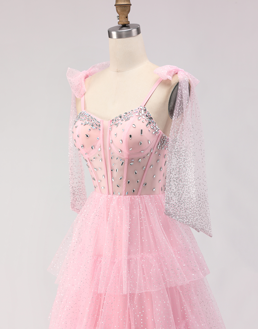 Sparkly Pink Corset Tiered Tulle Polka Dots Long Prom Dress with Beading