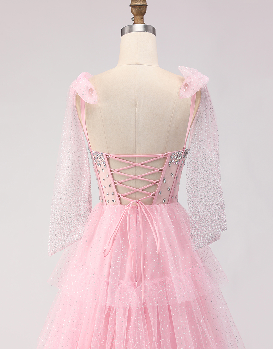 Sparkly Pink Corset Tiered Tulle Polka Dots Long Prom Dress with Beading