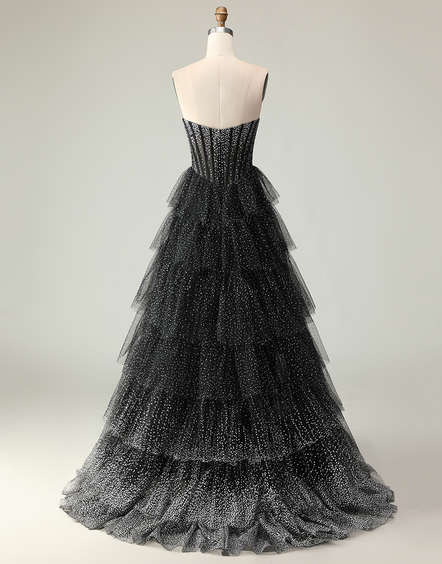 Sparkly Black and White Polka Dots Sweetheart Long Corset Ruffled Prom Dress