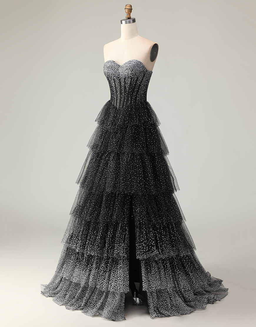 Sparkly Black and White Polka Dots Sweetheart Long Corset Ruffled Prom Dress