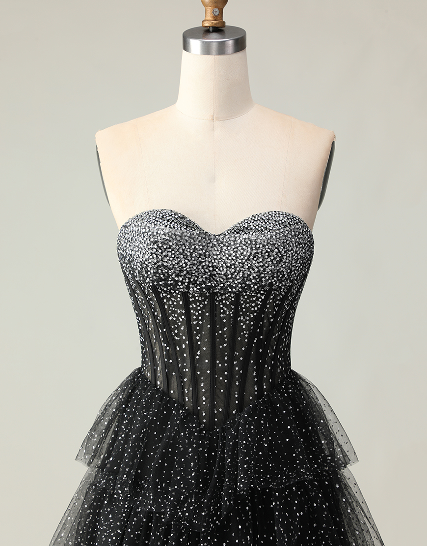 Sparkly Black and White Polka Dots Sweetheart Long Corset Ruffled Prom Dress
