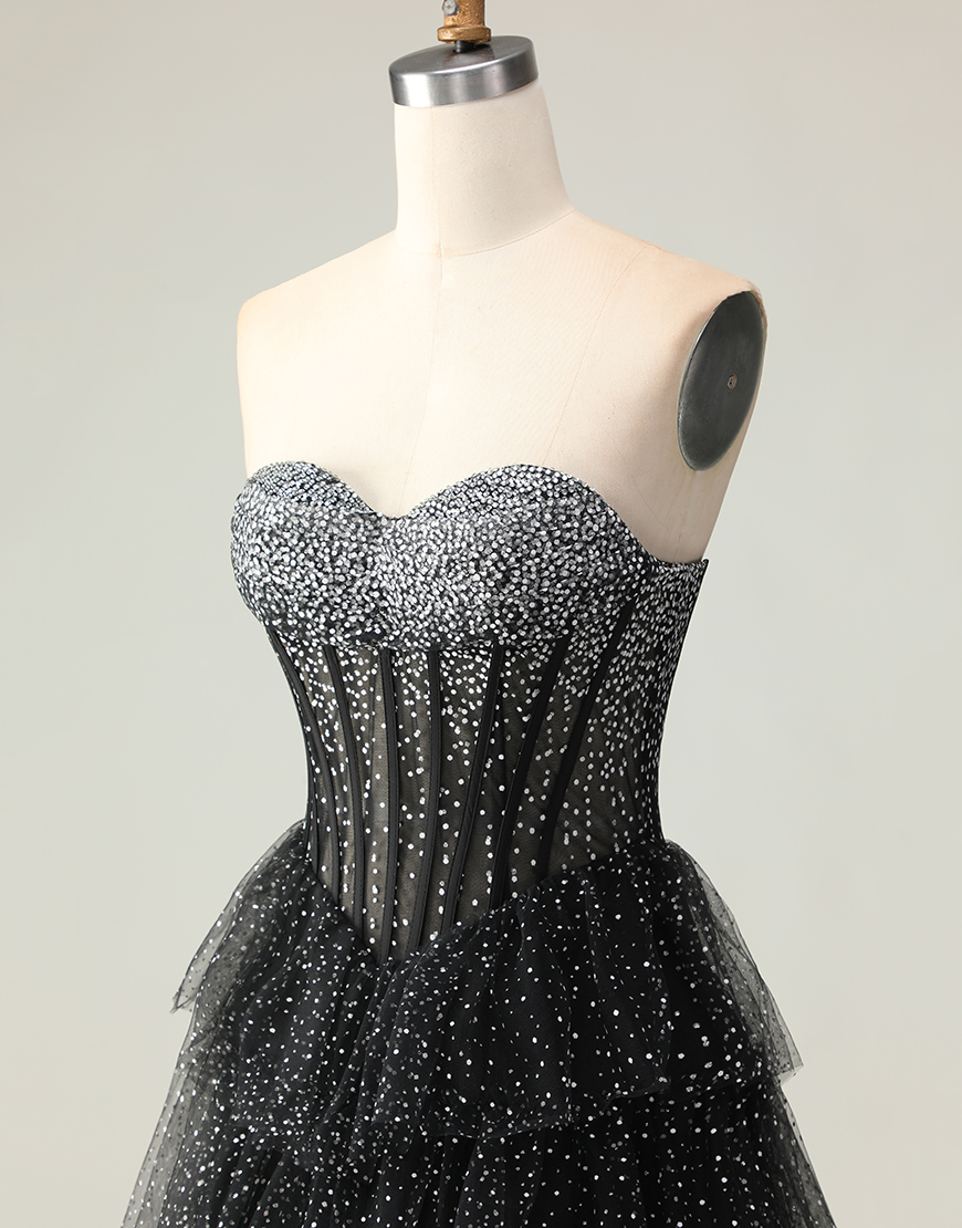 Sparkly Black and White Polka Dots Sweetheart Long Corset Ruffled Prom Dress