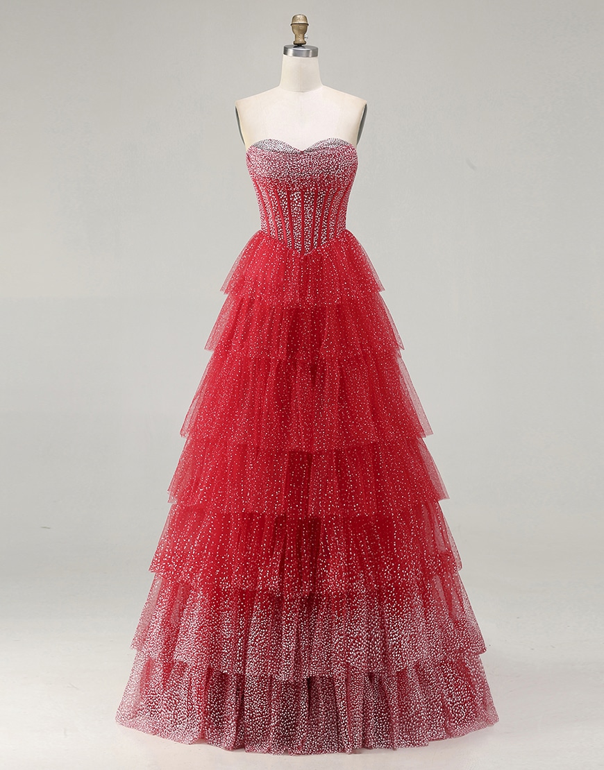 Sparkly Black and White Polka Dots Sweetheart Long Corset Ruffled Prom Dress