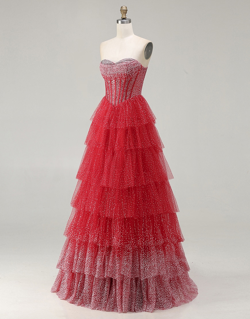 Sparkly Black and White Polka Dots Sweetheart Long Corset Ruffled Prom Dress