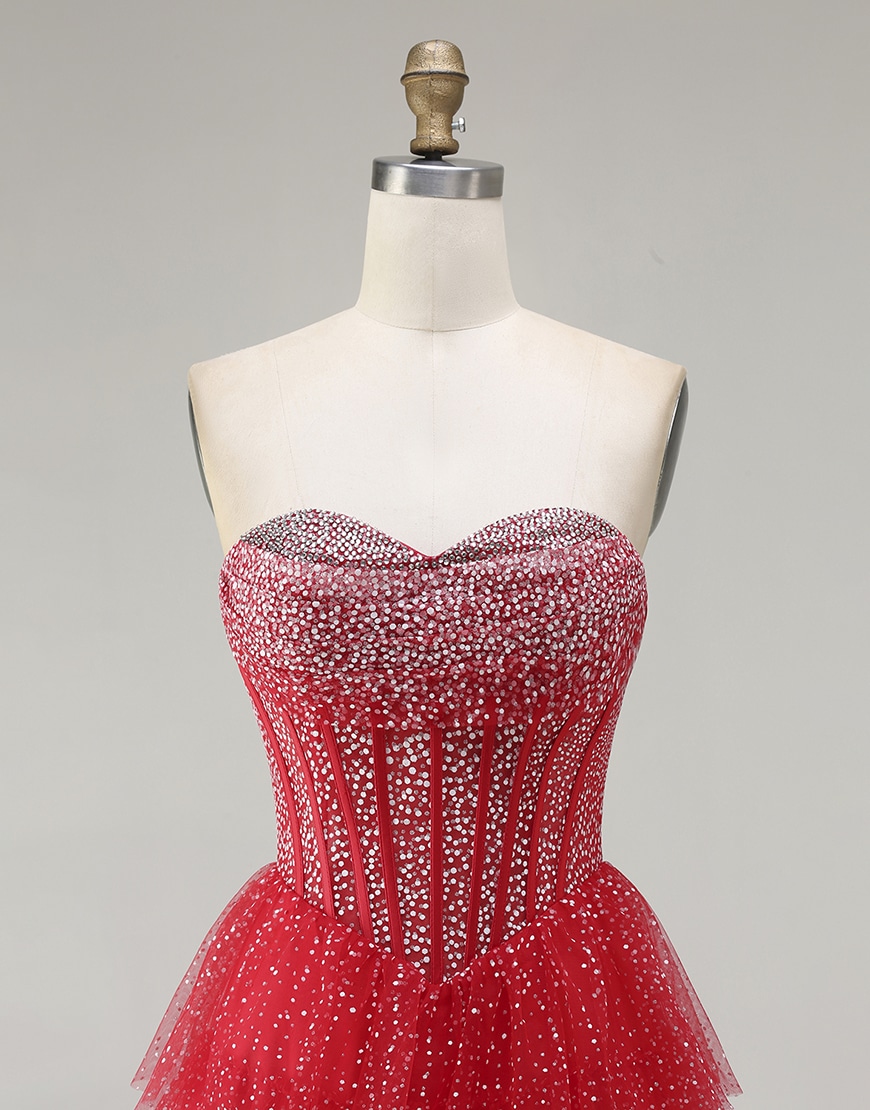 Sparkly Black and White Polka Dots Sweetheart Long Corset Ruffled Prom Dress