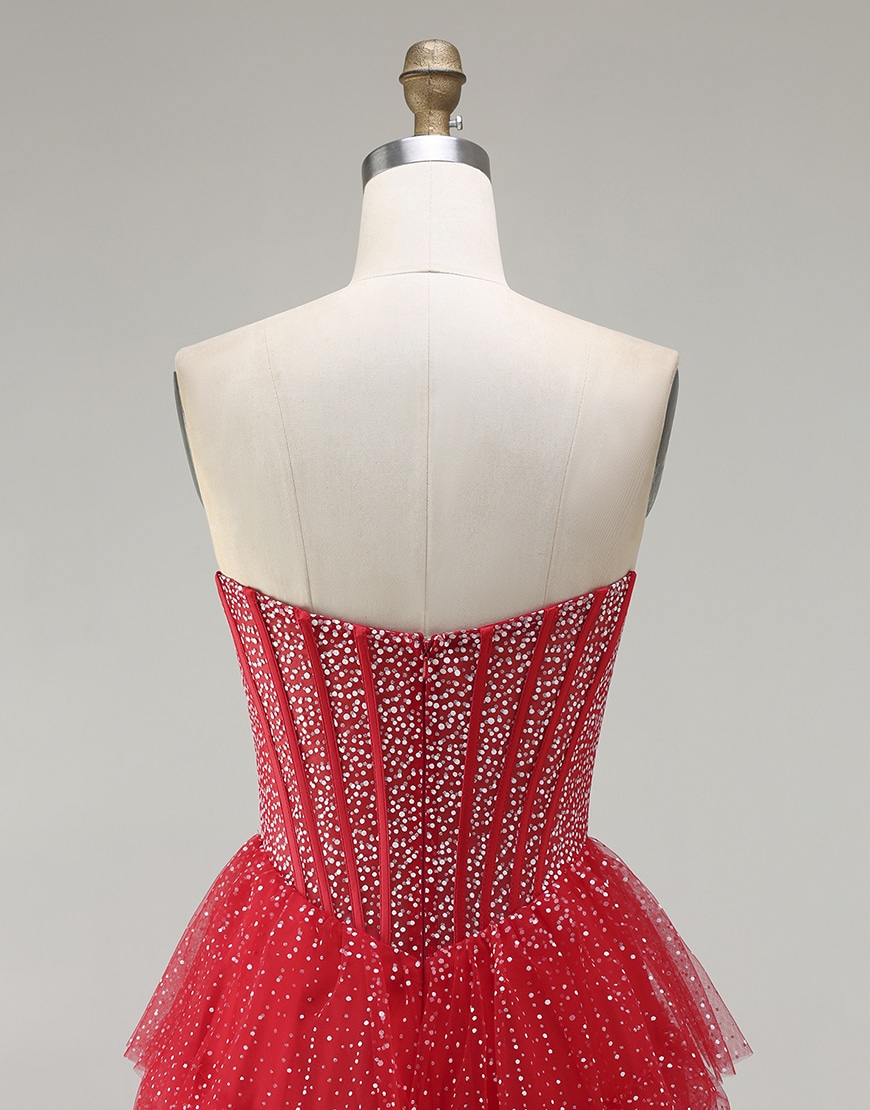 Sparkly Black and White Polka Dots Sweetheart Long Corset Ruffled Prom Dress