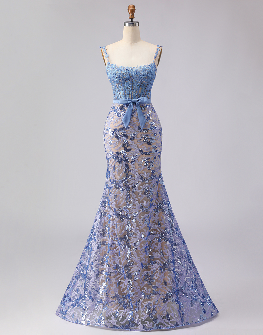 Grey Blue Lace Mermaid Long Corset Prom Dress with Bow