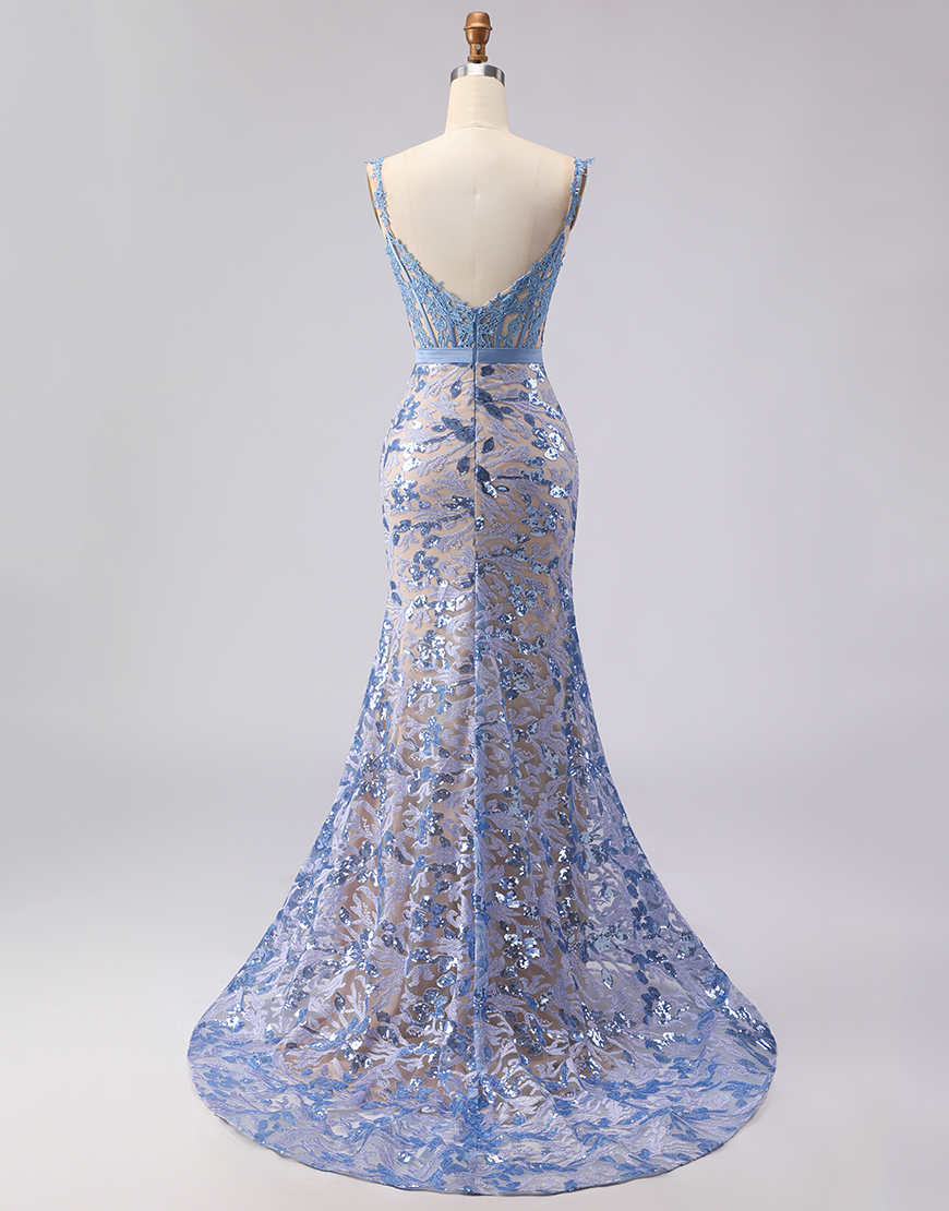 Grey Blue Lace Mermaid Long Corset Prom Dress with Bow