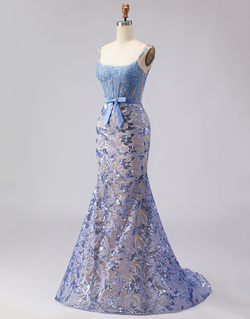 Grey Blue Lace Mermaid Long Corset Prom Dress with Bow