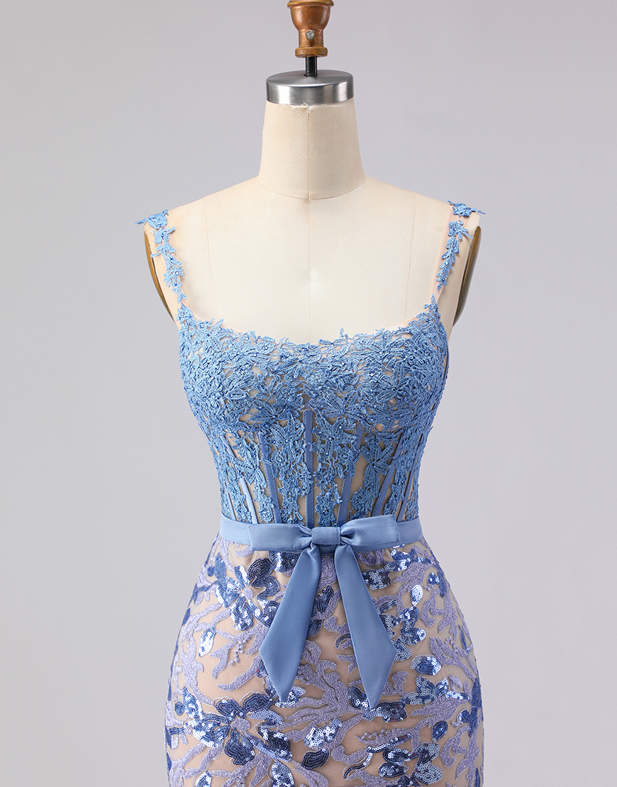 Grey Blue Lace Mermaid Long Corset Prom Dress with Bow