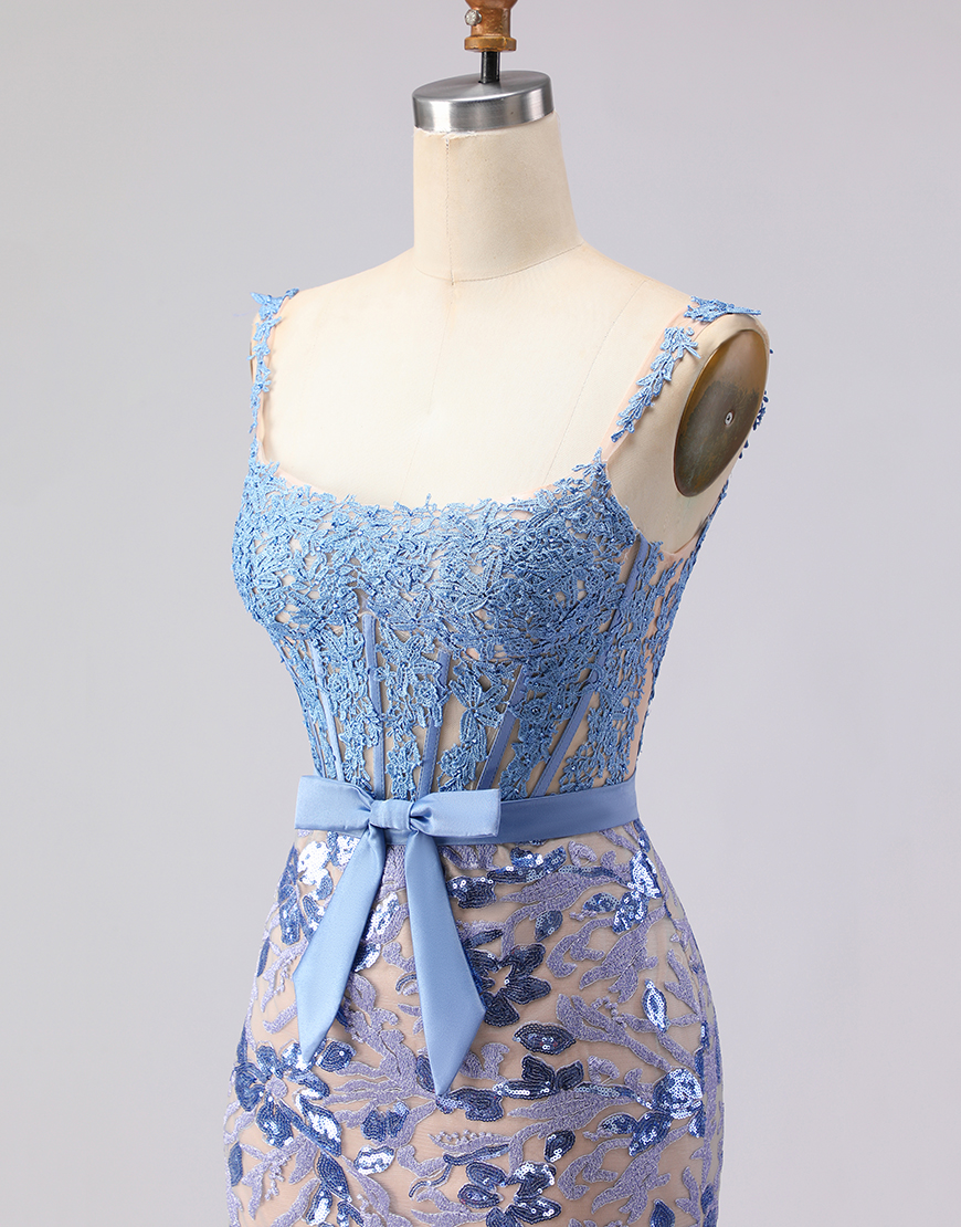 Grey Blue Lace Mermaid Long Corset Prom Dress with Bow