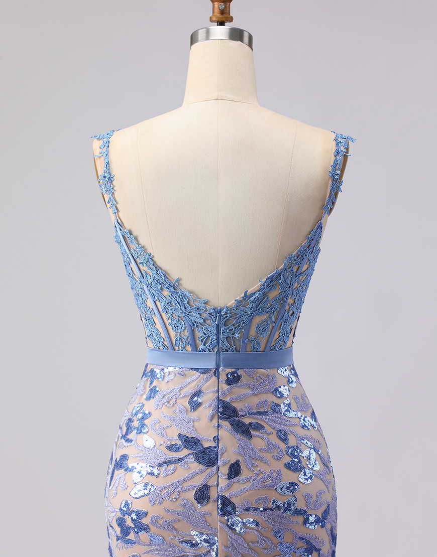 Grey Blue Lace Mermaid Long Corset Prom Dress with Bow