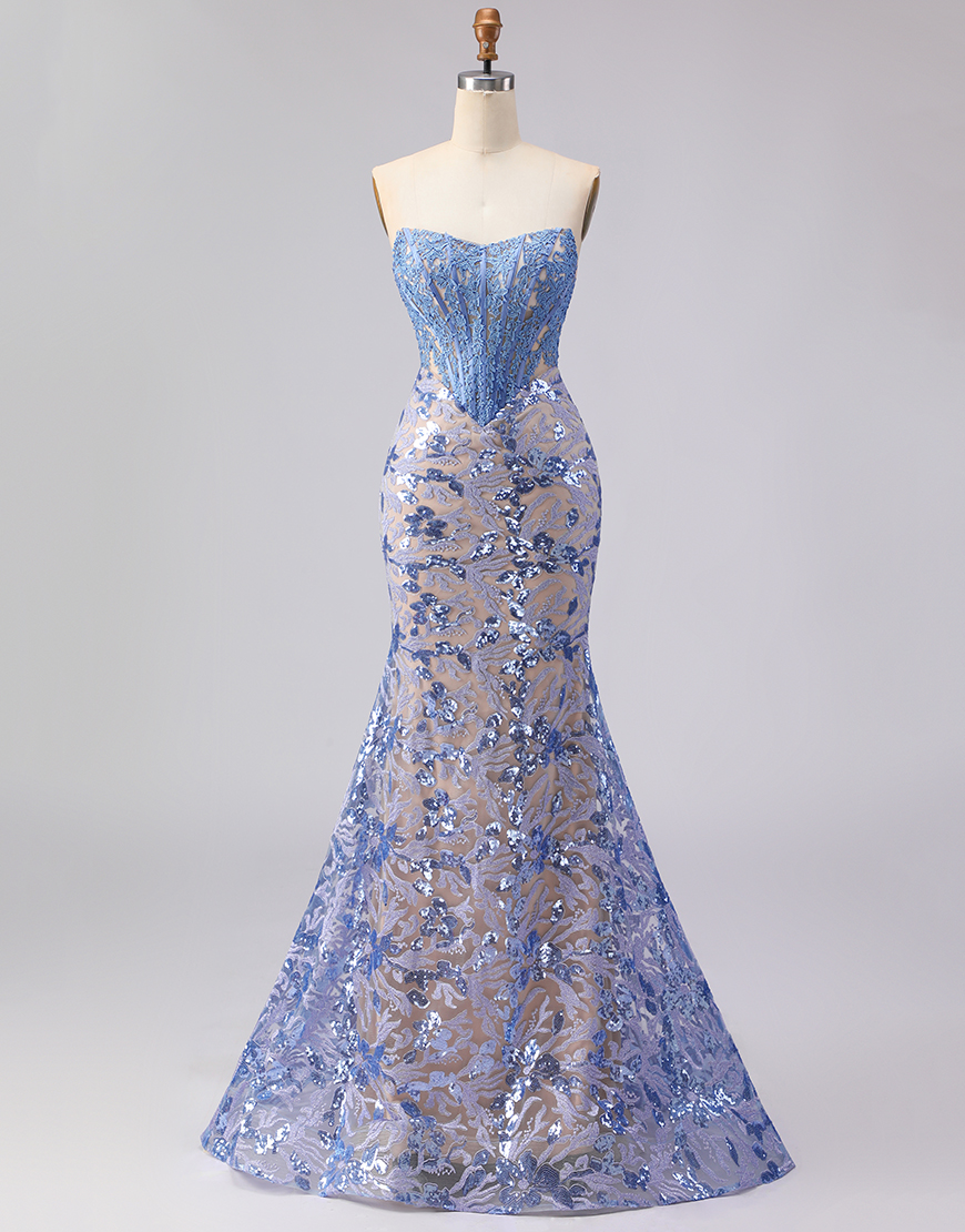 Sparkly Grey Blue Strapless Mermaid Lace Long Corset Prom Dress
