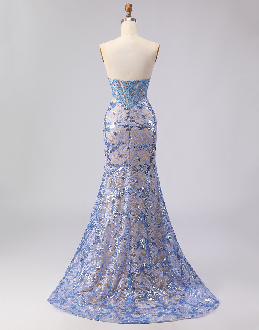 Sparkly Grey Blue Strapless Mermaid Lace Long Corset Prom Dress