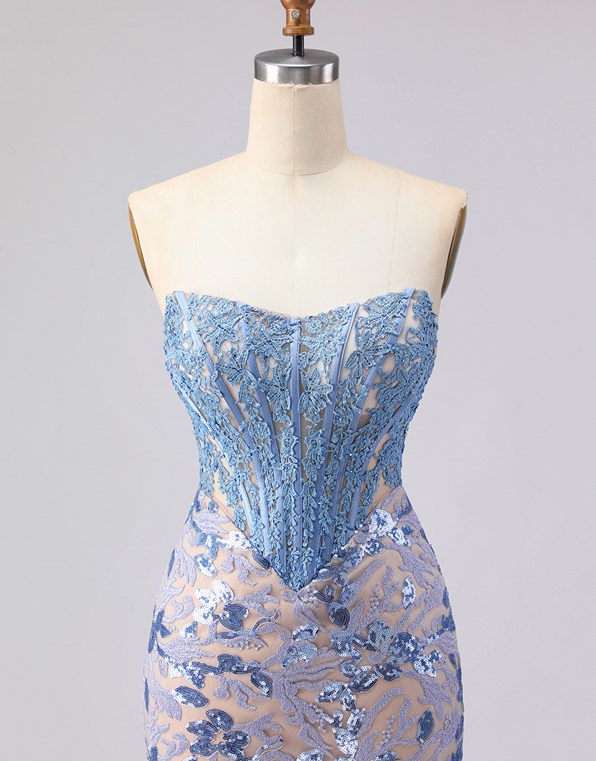 Sparkly Grey Blue Strapless Mermaid Lace Long Corset Prom Dress