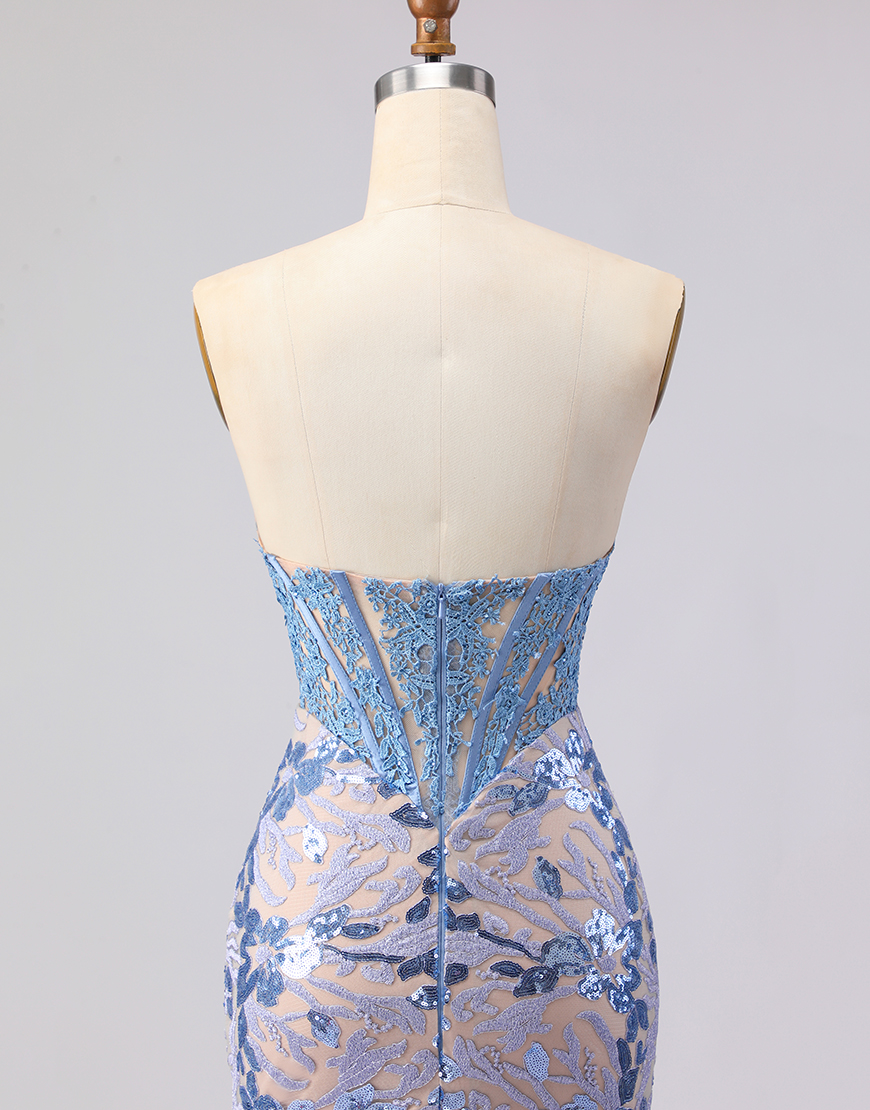Sparkly Grey Blue Strapless Mermaid Lace Long Corset Prom Dress