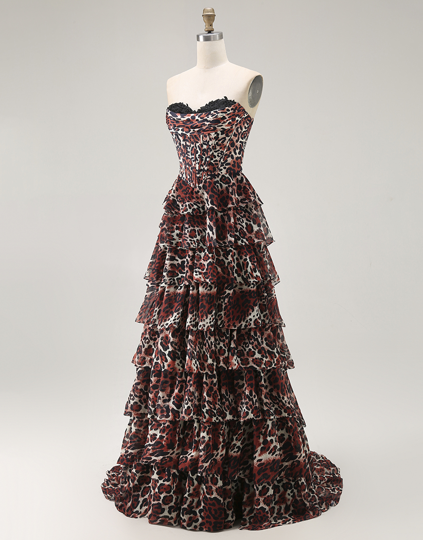 Brown Leopard A Line Strapless Ruffled Long Prom Dress